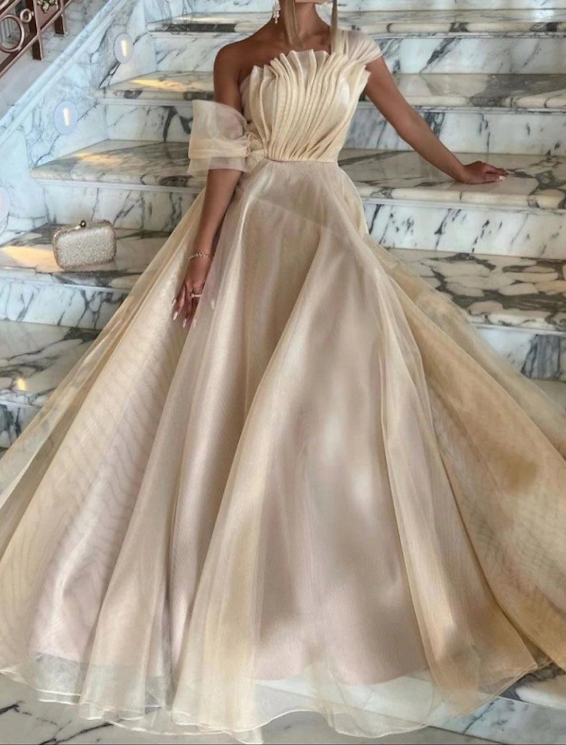 Vestidos de fiesta de corte A, elegantes, formales, con cola larga y sin mangas, escote cuadrado, tul con pliegues